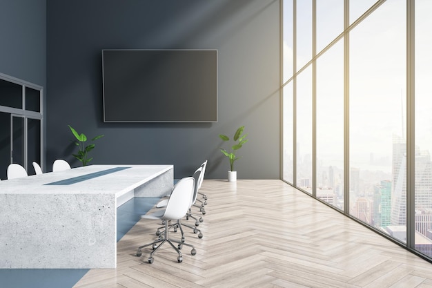 Luxury concrete and wooden meeting room interior with empty\
black mock up banner bright panoramic window with city view and\
furniture workplace and boarding concept 3d rendering