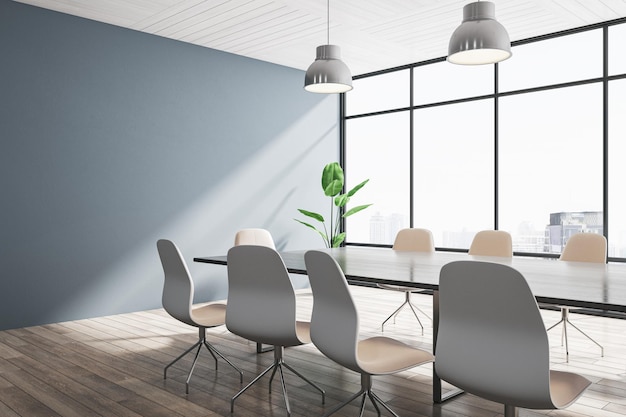 Luxury concrete and wooden meeting room office interior with panoramic windows city view lamps and furniture 3D Rendering