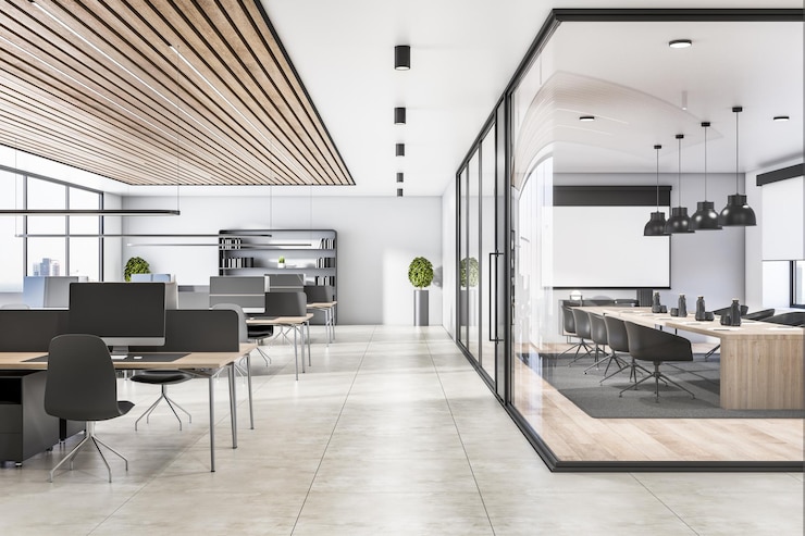 Photo luxury concrete and wooden office interior with glass partition and furniture daylight window with city view workplace concept 3d rendering