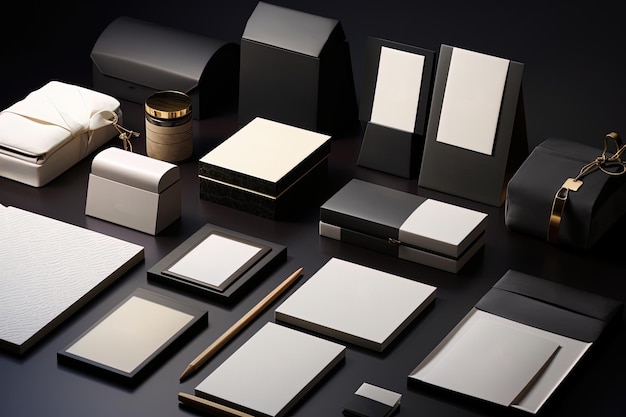 Photo luxury consistent and opulent packaging and business card mock up compositions for branding