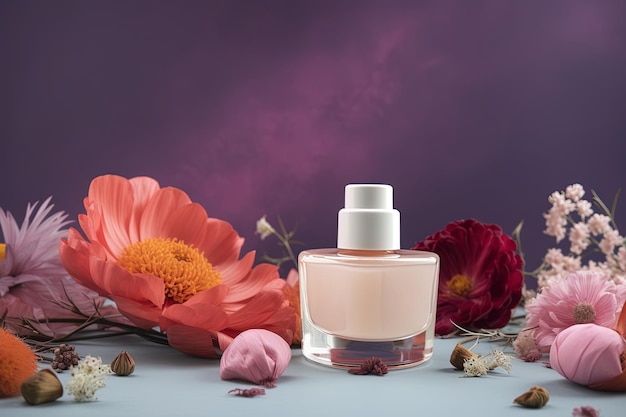 Luxury cosmetic mock up of perfume bottle and flowers on gradient background