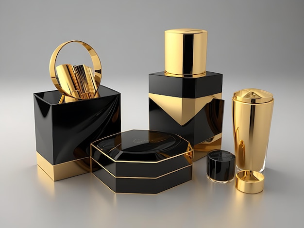 A luxury cosmetics packaging set icon with a gold and black theme