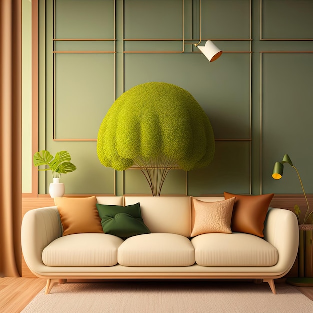 Роскошный уютный тканевый диван бежевого коричневого цвета с разнообразными удобными коричневыми подушками зеленого цвета тропики