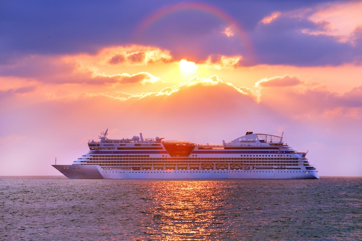 Photo luxury cruise ship. beautiful seascape sunset. romantic and luxury travel concept. 