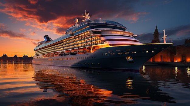 Photo luxury cruise ship leaving port at sunset