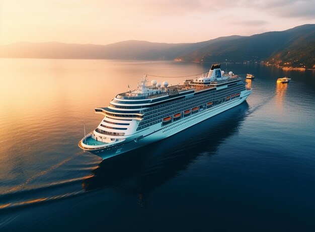 Photo luxury cruise ship sailing to port on sunrise high quality photo