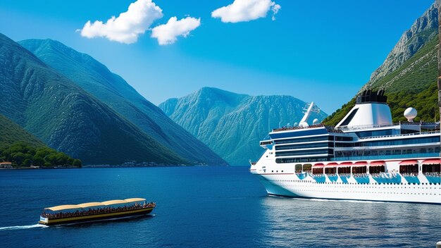 Luxury Cruise Ship and Tour Boat Sailing in Majestic Mountainous Fjord