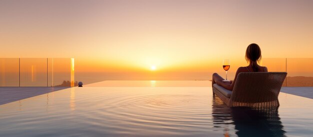 Luxury cruise ship travel elegant woman drinking glass of champagne enjoying watching sunset