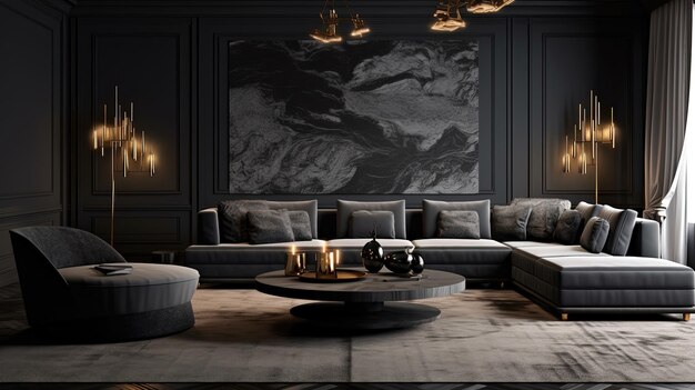 Luxury dark living room interior with gray sofa