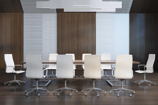 Luxury dark wood meeting room interior with furniture and daylight 3D Rendering