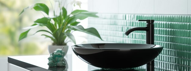 Роскошный дизайн ванной комнаты с черным деревянным столом, зеленой круглой керамической раковиной