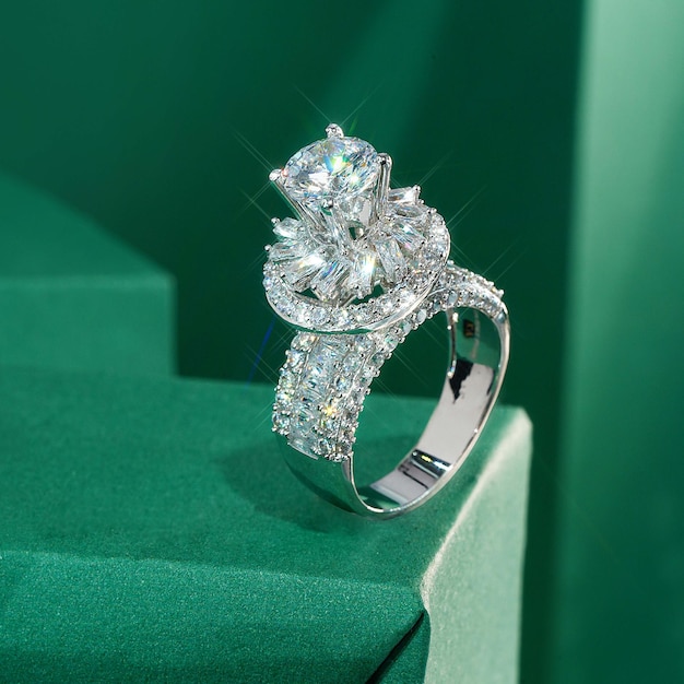 Luxury diamond ring in focus on paper