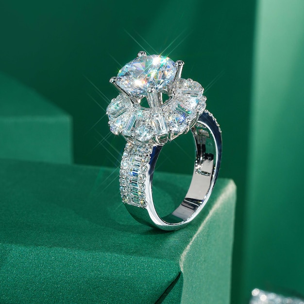 Luxury diamond ring in focus on paper