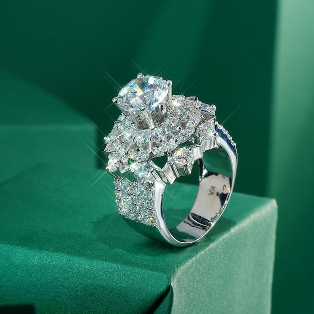 luxury diamond ring in focus on paper