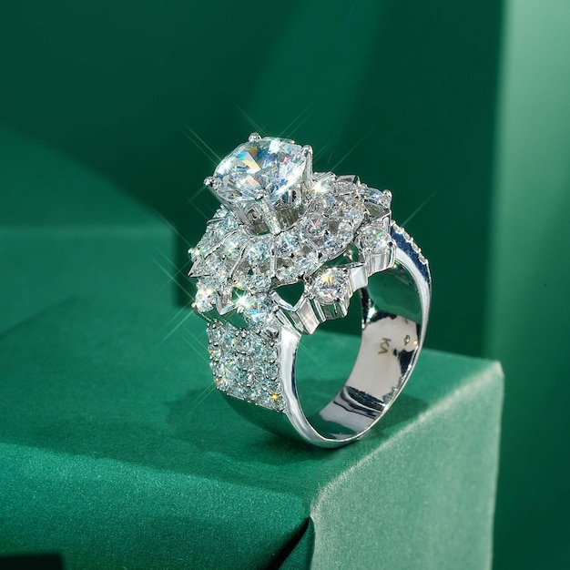 Luxury diamond ring in focus on paper