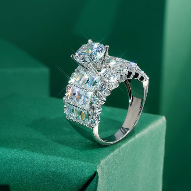 luxury diamond ring in focus on paper