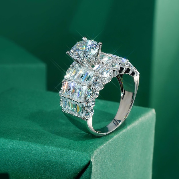 Luxury diamond ring in focus on paper