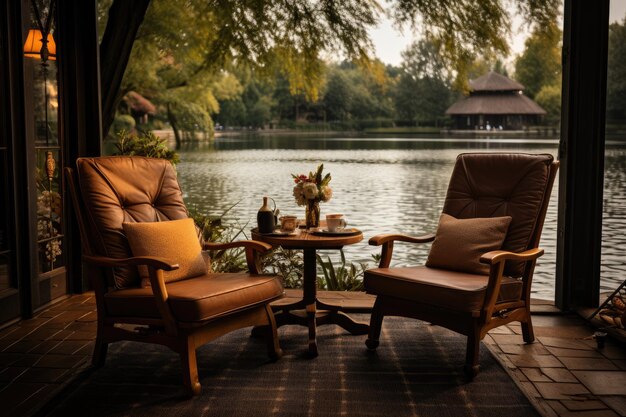 Luxury dining chair and table near lake background Generative AI