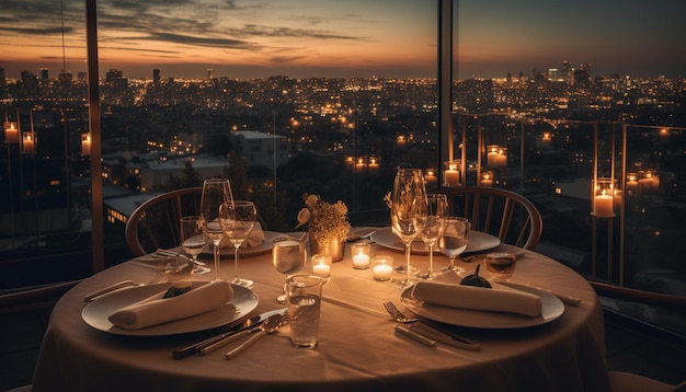 Foto cena di lusso all'aperto con vista sul paesaggio urbano, decorazioni eleganti e lume di candela generato dall'intelligenza artificiale