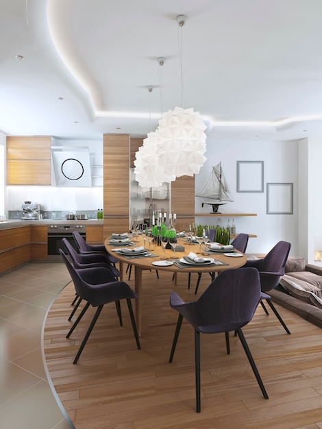 Luxury dining room in a contemporary style with a large dining table for eight people