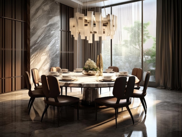 大理石のテーブルと豪華な椅子とエレガントな装飾を備えた豪華なダイニング ルーム、自然光ジェネレーティブ AI