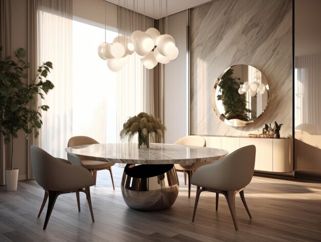 Luxury dining room with a marble table plush chairs and elegant decor natural light Generative AI