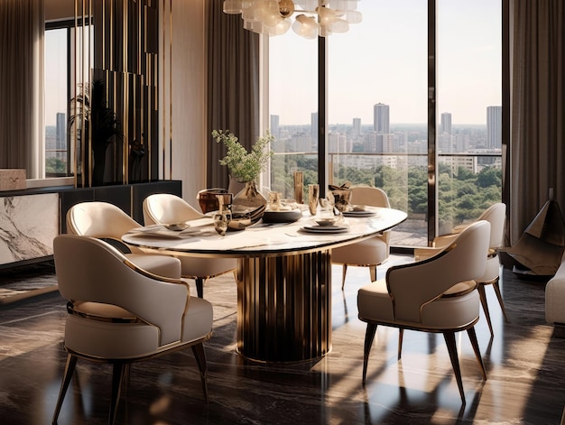 Luxury dining room with a marble table plush chairs and elegant decor natural light Generative AI