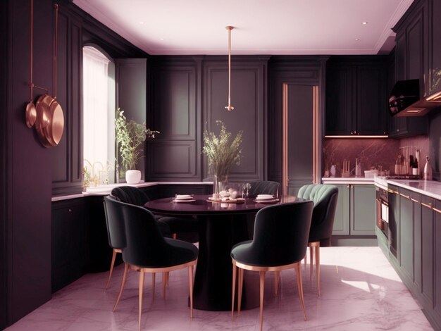 Luxury domestic kitchen with dining with an elegant design colorfully background ultrareal 8k