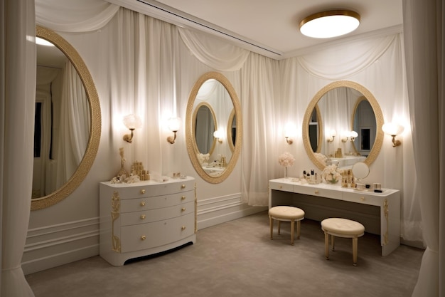 Роскошная гардеробная с элегантными зеркалами и мебелью, созданной с помощью генеративного искусства.