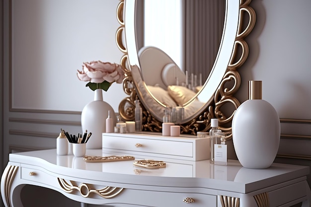 Luxury dressing table with designer accessories and chic mirror created with generative ai