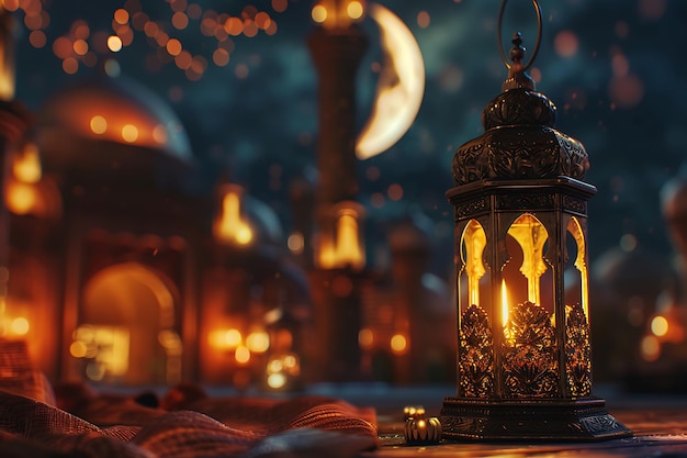 Luxury eid mubarak background with moon and lanterns