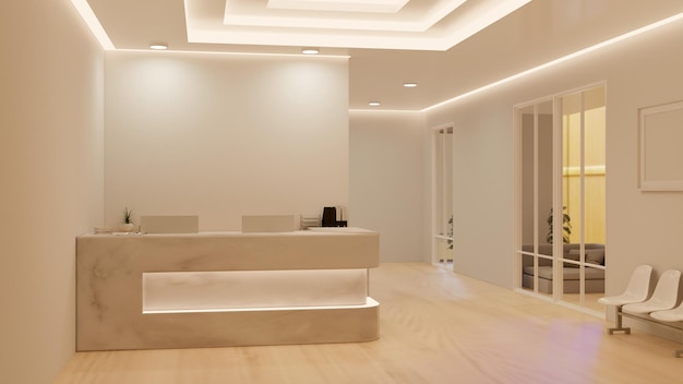 Luxury elegance reception interior design with modern receptionist's counter waiting seats