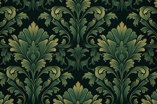 Luxury Elegant Dark Green and Golden Floral Ornament Seamless Damask illustration Background