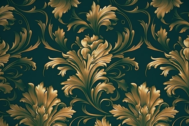 Photo luxury elegant dark green and golden floral ornament seamless damask illustration background