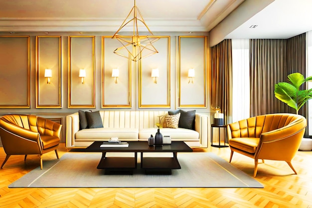 壁家具のモックアップの豪華でエレガントなゴールデンモダンなインテリアソファリビングルーム