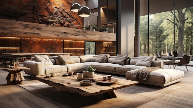 Роскошный элегантный дизайн интерьера современной гостиной Деревянная панельная стена с диваном и живой бутербродом, созданная с помощью генеративного искусственного интеллекта