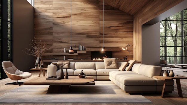 Luxury Elegant interior design of modern living room Wooden paneling wall with sofa and live edge coffee table Created with generative AI