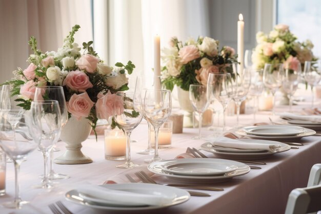 Роскошная элегантная настройка стола Столы с цветочными украшениями для свадебного приема Генеративный ИИ