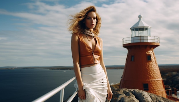 Photo luxury fashion photography of an model on top of new england lighthouse