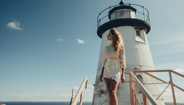 ニューイングランドの灯台の上にあるモデルの豪華なファッション写真