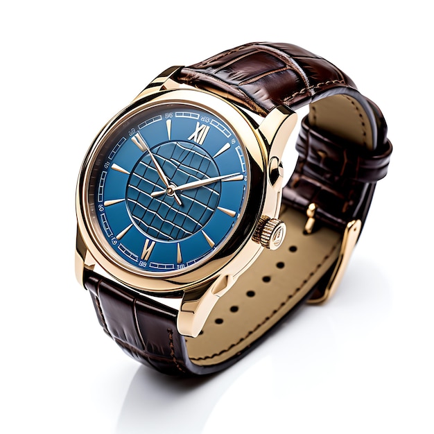 luxury fashion watch with blue dial and brown crocodile grain leather watch band luxury fashion wat