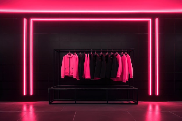 Luxury and fashionable brand new interior of cloth store with neon dark background advertising