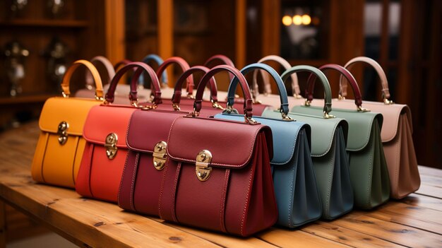 Luxury fashionable women leather bag in a wooden rack row