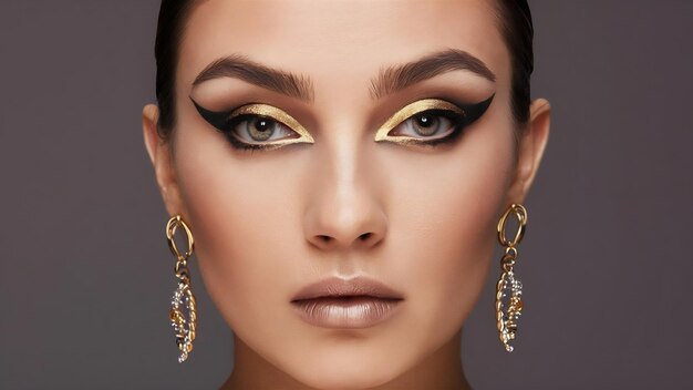 Photo luxury female make up close up with eyeliner and golden eye shad