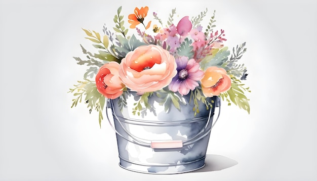 Luxury floral bucket flowers handdrawn illustration on white background