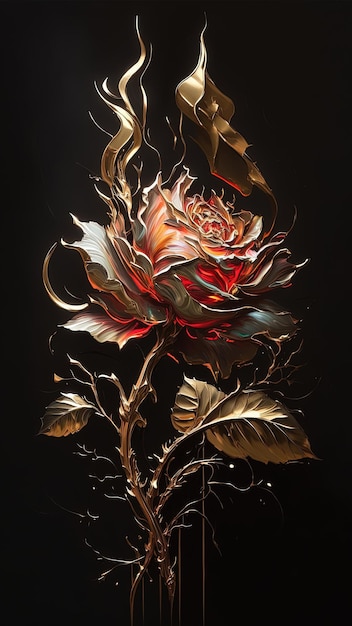 Luxury floral oil painting Gold and red rose on black background