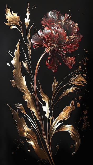 Luxury floral oil painting Golden and red carnation on black background