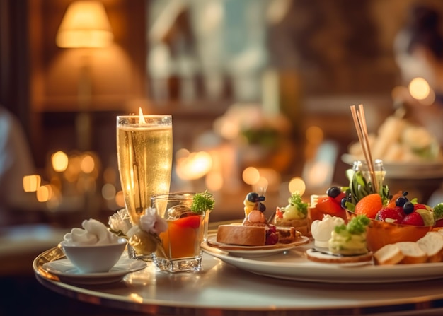 Luxury food service appetisers and desserts served at a restaurant or formal dinner event in classic English style in the luxurious hotel or country estate generative ai