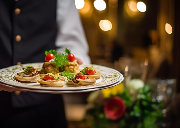 Luxury food service appetisers and desserts served at a restaurant or formal dinner event in classic English style in the luxurious hotel or country estate generative ai