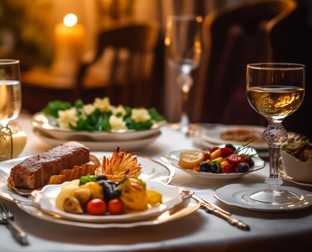 Foto aperitivi e dessert di lusso serviti in un ristorante o in una cena formale in stile inglese classico in un hotel di lusso o in una tenuta di campagna